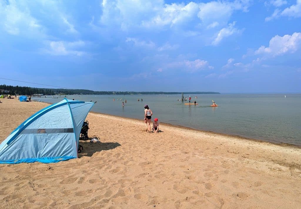 sandy beach and lake